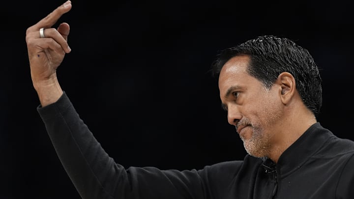 Miami Heat Head Coach Erik Spoelstra motions to his team(Mandatory Credit: Jim Dedmon-Imagn Images)