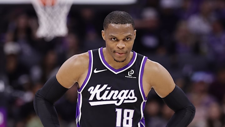 Oct 24, 2025; Sacramento, California, USA; Sacramento Kings guard Russell Westbrook (18) between plays against the Utah Jazz during the first quarter at Golden 1 Center. Mandatory Credit: Kelley L Cox-Imagn Images Oct 24, 2025; Sacramento, California, USA; Sacramento Kings guard Russell Westbrook (18) between plays against the Utah Jazz during the first quarter at Golden 1 Center. Mandatory Credit: Kelley L Cox-Imagn Images