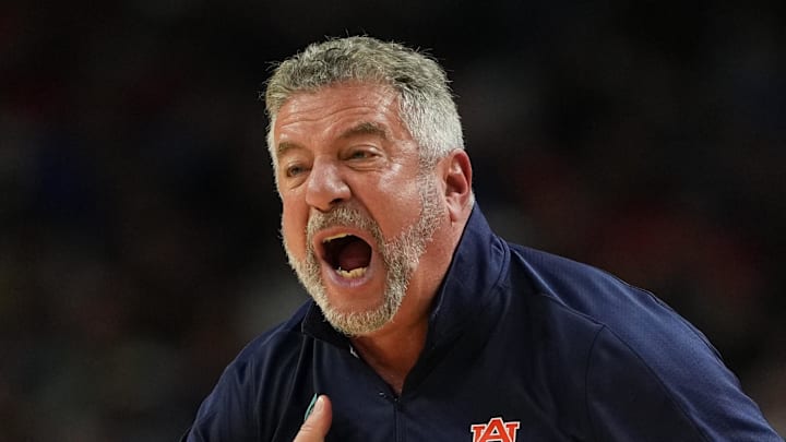 Apr 5, 2025; San Antonio, TX, USA; Auburn Tigers head coach Bruce Pearl reacts after a play against the Florida Gators during the second half in the semifinals of the men's Final Four of the 2025 NCAA Tournament at the Alamodome. Mandatory Credit: Bob Donnan-Imagn Images