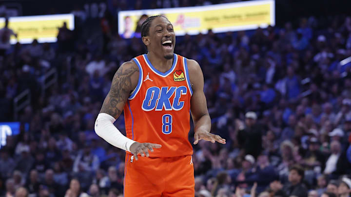 Jan 11, 2026; Oklahoma City, Oklahoma, USA; Oklahoma City Thunder guard/forward Jalen Williams (8) laughs after a play against the Miami Heat during the second half at Paycom Center. Mandatory Credit: Alonzo Adams-Imagn Images