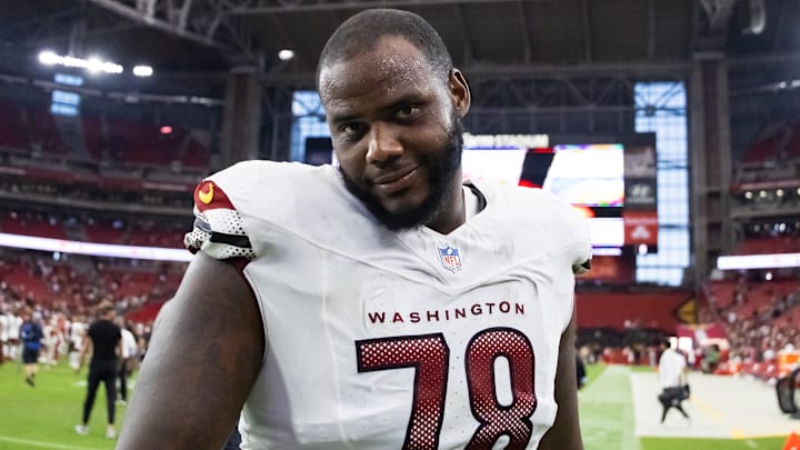 Sep 29, 2024; Glendale, Arizona, USA; Washington Commanders offensive tackle Cornelius Lucas (78) against the Arizona Cardinals at State Farm Stadium. Mandatory Credit: Mark J. Rebilas-Imagn Images Sep 29, 2024; Glendale, Arizona, USA; Washington Commanders offensive tackle Cornelius Lucas (78) against the Arizona Cardinals at State Farm Stadium. Mandatory Credit: Mark J. Rebilas-Imagn Images