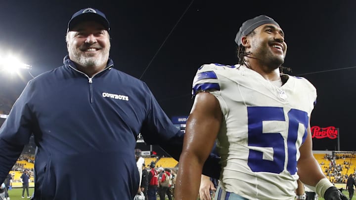 Oct 6, 2024; Pittsburgh, Pennsylvania, USA;  Dallas Cowboys head coach Mike McCarthy (left) and linebacker Eric Kendricks (50) celebrate leaving the field after defeating the Pittsburgh Steelers at Acrisure Stadium. Dallas won 20-17. Mandatory Credit: Charles LeClaire-Imagn Images