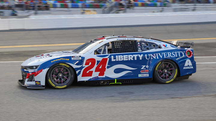Aug 23, 2025; Daytona Beach, Florida, USA; NASCAR Cup Series driver William Byron (24) exits Pit Road during the Coke Zero Sugar 400 at Daytona International Speedway. Aug 23, 2025; Daytona Beach, Florida, USA; NASCAR Cup Series driver William Byron (24) exits Pit Road during the Coke Zero Sugar 400 at Daytona International Speedway.