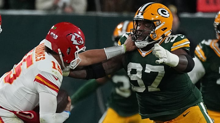 Green Bay Packers defensive tackle Kenny Clark (97) sacks Kansas City Chiefs quarterback Patrick Mahomes at Lambeau Field.