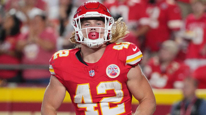 Aug 22, 2024; Kansas City, Missouri, USA; Kansas City Chiefs running back Carson Steele (42) celebrates after a play against the Chicago Bears during the game at GEHA Field at Arrowhead Stadium. Mandatory Credit: Denny Medley-Imagn Images Aug 22, 2024; Kansas City, Missouri, USA; Kansas City Chiefs running back Carson Steele (42) celebrates after a play against the Chicago Bears during the game at GEHA Field at Arrowhead Stadium. Mandatory Credit: Denny Medley-Imagn Images