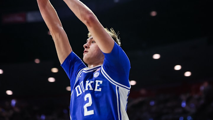 Nov 22, 2024; Tucson, Arizona, USA; Duke Blue Devils forward Cooper Flagg (2) attempts a three pointer during the first half against the Arizona Wildcats at McKale Center. Mandatory Credit: Aryanna Frank-Imagn Images Nov 22, 2024; Tucson, Arizona, USA; Duke Blue Devils forward Cooper Flagg (2) attempts a three pointer during the first half against the Arizona Wildcats at McKale Center. Mandatory Credit: Aryanna Frank-Imagn Images