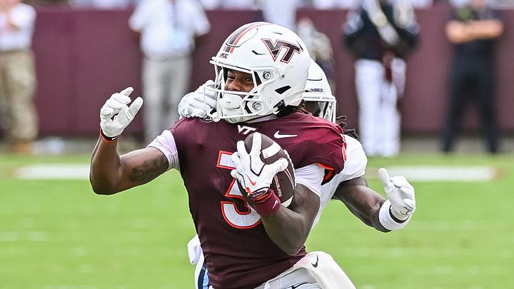 Sep 12, 2026; Blacksburg, Va.; Old Dominion cornerback Zion Frink (1) tackles Virginia Tech wide receiver Que'Sean Brown (3). Sep 12, 2026; Blacksburg, Va.; Old Dominion cornerback Zion Frink (1) tackles Virginia Tech wide receiver Que'Sean Brown (3).