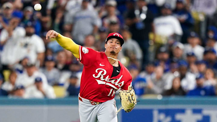 Cincinnati Reds third baseman Noelvi Marte (16) throws to third base in the seventh inning of the MLB National League Wild Card Game 1 between the Cincinnati Reds and LA Dodgers, Tuesday, Sept. 30, 2025, at Dodger Stadium in Los Angeles, California. Dodgers won 10-5.