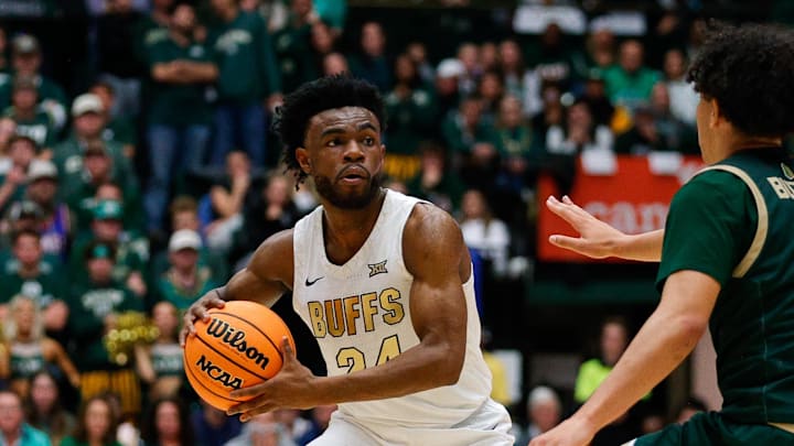 Dec 6, 2025; Fort Collins, Colorado, USA; Colorado Buffaloes guard Barrington Hargress (24) controls the ball as Colorado State Rams guard Jase Butler (4) guards in the second half at Moby Arena. Mandatory Credit: Isaiah J. Downing-Imagn Images Dec 6, 2025; Fort Collins, Colorado, USA; Colorado Buffaloes guard Barrington Hargress (24) controls the ball as Colorado State Rams guard Jase Butler (4) guards in the second half at Moby Arena. Mandatory Credit: Isaiah J. Downing-Imagn Images