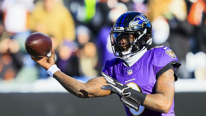 Dec 14, 2025; Cincinnati, Ohio, USA; Baltimore Ravens quarterback Lamar Jackson (8) throws a pass against the Cincinnati Bengals in the first half at Paycor Stadium. Mandatory Credit: Katie Stratman-Imagn Images