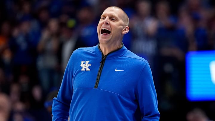 Kentucky head coach Mark Pope yells to his team as they face Alabama during the first half of a Southeastern Conference tournament quarterfinal game at Bridgestone Arena in Nashville, Tenn., Friday, March 14, 2025.
