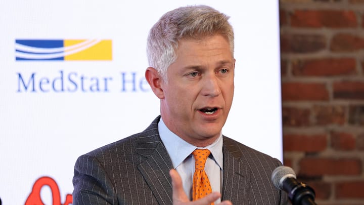 Nov 4, 2025; Baltimore, MD, USA; President of Baseball Operations Mike Elias introduces Craig Albernaz as the Baltimore Orioles new Manager at Warehouse Bar. Mandatory Credit: Daniel Kucin Jr.-Imagn Images