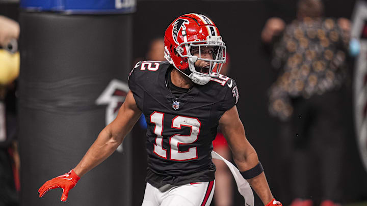 Atlanta Falcons wide receiver KhaDarel Hodge reacts after scoring the game winning touchdown against the Tampa Bay Buccaneers