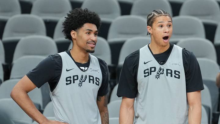 Jun 2, 2026; San Antonio, TX, USA;  San Antonio Spurs guard Dylan Harper (2) and San Antonio Spurs forward Carter Bryant (11) during practice on media day for the 2026 NBA Finals at Frost Bank Center. Mandatory Credit: Daniel Dunn-Imagn Images