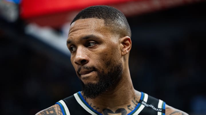 Apr 22, 2025; Indianapolis, Indiana, USA; Milwaukee Bucks guard Damian Lillard (0) during game two of first round for the 2024 NBA Playoffs against the Indiana Pacers at Gainbridge Fieldhouse. Mandatory Credit: Trevor Ruszkowski-Imagn Images