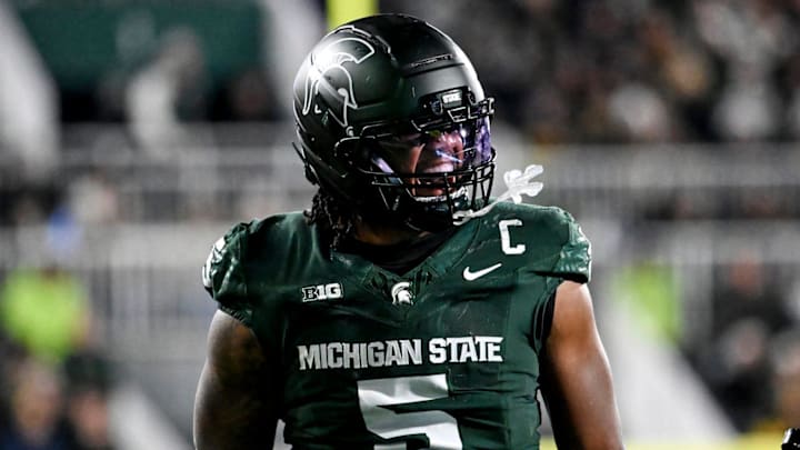 Michigan State's Jordan Hall celebrates after a stop against Michigan during the second quarter on Saturday, Oct. 25, 2025, at Spartan Stadium in East Lansing. Michigan State's Jordan Hall celebrates after a stop against Michigan during the second quarter on Saturday, Oct. 25, 2025, at Spartan Stadium in East Lansing.