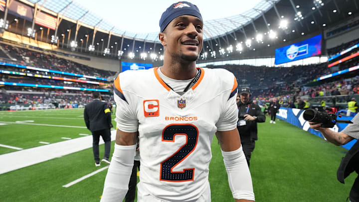 Oct 12, 2025; Tottenham, United Kingdom; Denver Broncos cornerback Pat Surtain II (2) leaves the field after an NFL International Series game against the New York Jets at Tottenham Hotspur Stadium. 