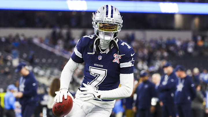 Dallas Cowboys cornerback Trevon Diggs participates in pregame warmups against the Los Angeles Chargers 