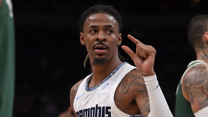 Dec 26, 2025; Memphis, Tennessee, USA; Memphis Grizzlies guard Ja Morant (12) gestures during the third quarter against the Milwaukee Bucks at FedExForum. Mandatory Credit: Petre Thomas-Imagn Images