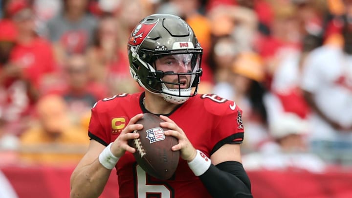 Dec 29, 2024; Tampa, Florida, USA; Tampa Bay Buccaneers quarterback Baker Mayfield (6) drops back against the Carolina Panthers during the second quarter at Raymond James Stadium. Mandatory Credit: Kim Klement Neitzel-Imagn Images