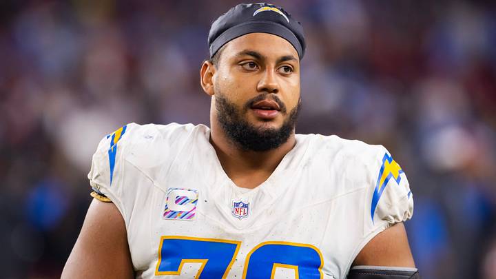 Los Angeles Chargers offensive tackle Rashawn Slater against the Arizona Cardinals at State Farm Stadium. Los Angeles Chargers offensive tackle Rashawn Slater against the Arizona Cardinals at State Farm Stadium.