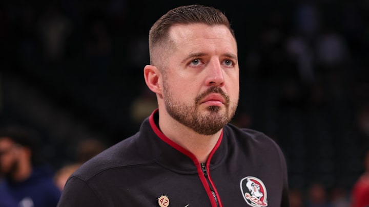 Feb 28, 2026; Atlanta, Georgia, USA; Florida State Seminoles head coach Luke Loucks walks off the court after a victory over the Georgia Tech Yellow Jackets at McCamish Pavilion. Mandatory Credit: Brett Davis-Imagn Images
