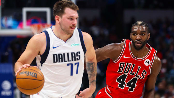 Nov 1, 2023; Dallas, Texas, USA; Dallas Mavericks guard Luka Doncic (77) dribbles as Chicago Bulls forward Patrick Williams (44) defends during the second quarter at American Airlines Center. Mandatory Credit: Kevin Jairaj-Imagn Images Nov 1, 2023; Dallas, Texas, USA; Dallas Mavericks guard Luka Doncic (77) dribbles as Chicago Bulls forward Patrick Williams (44) defends during the second quarter at American Airlines Center. Mandatory Credit: Kevin Jairaj-Imagn Images