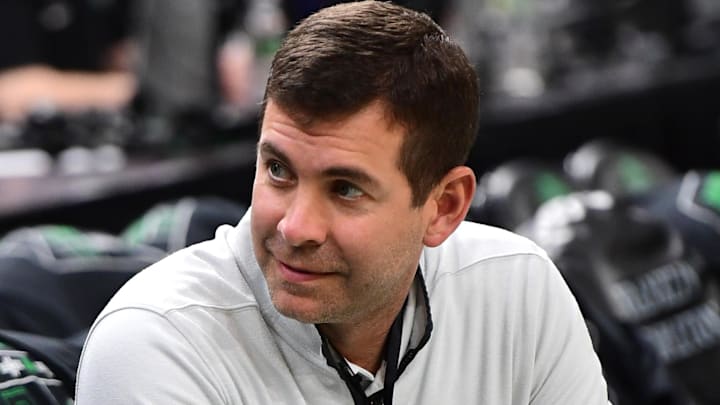Apr 2, 2025; Boston, Massachusetts, USA; Boston Celtics general manager Brad Stevens prior to a game against the Miami Heat at TD Garden. Mandatory Credit: Bob DeChiara-Imagn Images