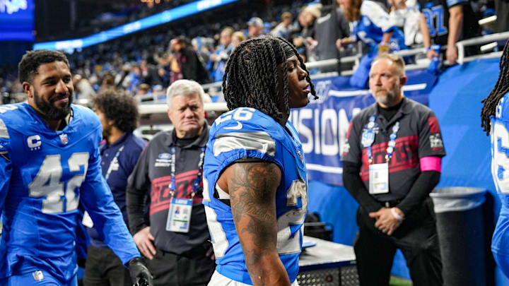 Detroit Lions running back Jahmyr Gibbs walks off the field after losing to the Washington Commanders Detroit Lions running back Jahmyr Gibbs walks off the field after losing to the Washington Commanders