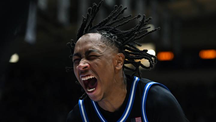 Dec 2, 2025; Durham, North Carolina, USA; Duke Blue Devils forward Isaiah Evans (3) reacts after making the game-winning steal during the second half against the Florida Gators at Cameron Indoor Stadium.  The Blue Devils won 67-66. Mandatory Credit: Rob Kinnan-Imagn Images