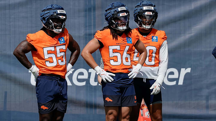 Jul 24, 2025; Englewood, CO, USA; Denver Broncos linebacker Jordan Turner (55) and linebacker Levelle Bailey (56) and linebacker Justin Strnad (40) during Denver Broncos Training Camp. Jul 24, 2025; Englewood, CO, USA; Denver Broncos linebacker Jordan Turner (55) and linebacker Levelle Bailey (56) and linebacker Justin Strnad (40) during Denver Broncos Training Camp.