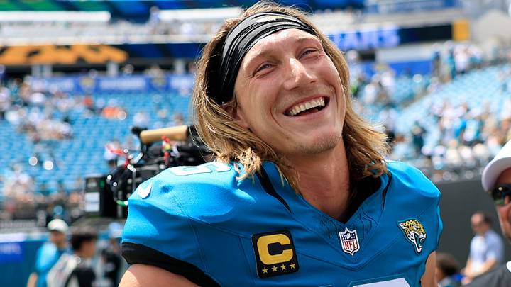 Jacksonville Jaguars quarterback Trevor Lawrence (16) laughs on the sideline before an NFL football matchup at EverBank Stadium on Sunday, Sept. 13, 2026, in Jacksonville, Fla. The Jaguars defeated the Browns 34-10. [Corey Perrine/Florida Times-Union]