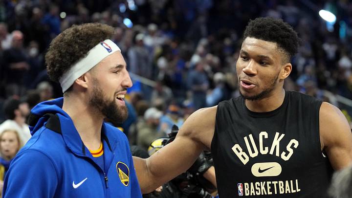 Mar 12, 2022; San Francisco, California, USA; Golden State Warriors guard Klay Thompson (11) and Milwaukee Bucks forward Giannis Antetokounmpo (34) talk after the game at Chase Center. Mandatory Credit: Darren Yamashita-Imagn Images Mar 12, 2022; San Francisco, California, USA; Golden State Warriors guard Klay Thompson (11) and Milwaukee Bucks forward Giannis Antetokounmpo (34) talk after the game at Chase Center. Mandatory Credit: Darren Yamashita-Imagn Images