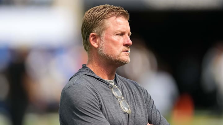 Aug 9, 2025; Inglewood, California, USA; Los Angeles Rams general manager Les Snead watches during the game against the Dallas Cowboys at SoFi Stadium. Mandatory Credit: Kirby Lee-Imagn Images
