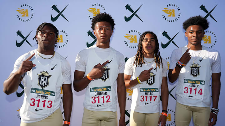 Servite boys' track and field relay team posing after an impressive performance at the 2025 Arcadia Invitational.