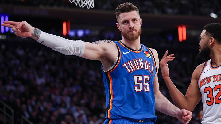 Mar 4, 2026; New York, New York, USA; Oklahoma City Thunder center Isaiah Hartenstein (55) reacts after a call in front of New York Knicks center Karl-Anthony Towns (32) during the first half at Madison Square Garden. Mandatory Credit: Vincent Carchietta-Imagn Images