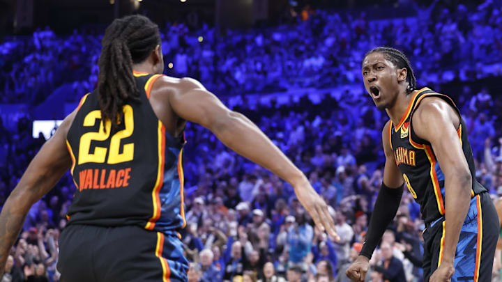 Jan 5, 2025; Oklahoma City, Oklahoma, USA; Oklahoma City Thunder guard Cason Wallace (22) and Oklahoma City Thunder forward Jalen Williams (8) celebrate after Cason scores against the Boston Celtics during the fourth quarter at Paycom Center. Mandatory Credit: Alonzo Adams-Imagn Images Jan 5, 2025; Oklahoma City, Oklahoma, USA; Oklahoma City Thunder guard Cason Wallace (22) and Oklahoma City Thunder forward Jalen Williams (8) celebrate after Cason scores against the Boston Celtics during the fourth quarter at Paycom Center. Mandatory Credit: Alonzo Adams-Imagn Images