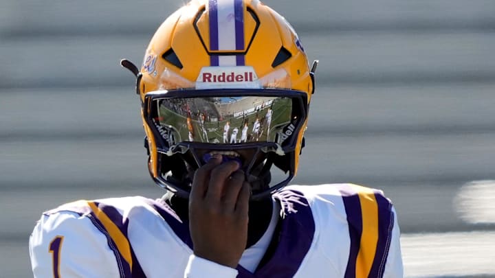 Jackson's Landon Duckworth (1) comes to the line of scrimmage to run a play against Cherokee County at Protective Stadium in the 2024 AHSAA 4A State Championship game.