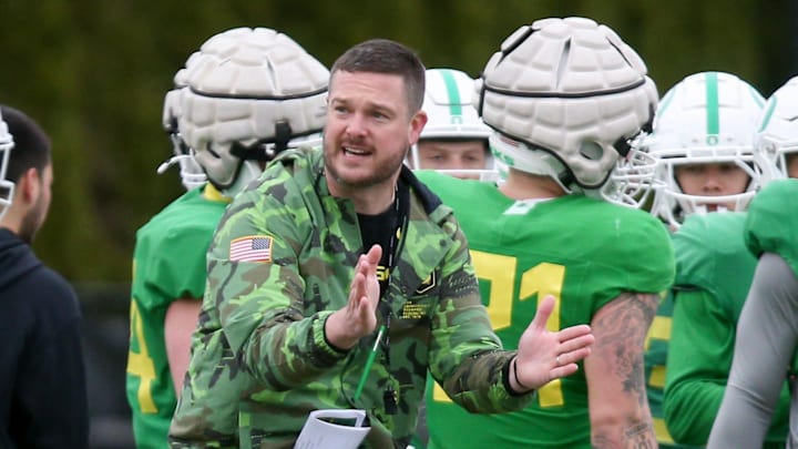 Oregon head coach Dan Lanning leads practice with the Ducks Thursday, April 6, 2023, in Eugene, Ore.
Sports Oregon Footballspring Practice Oregon head coach Dan Lanning leads practice with the Ducks Thursday, April 6, 2023, in Eugene, Ore.
Sports Oregon Footballspring Practice