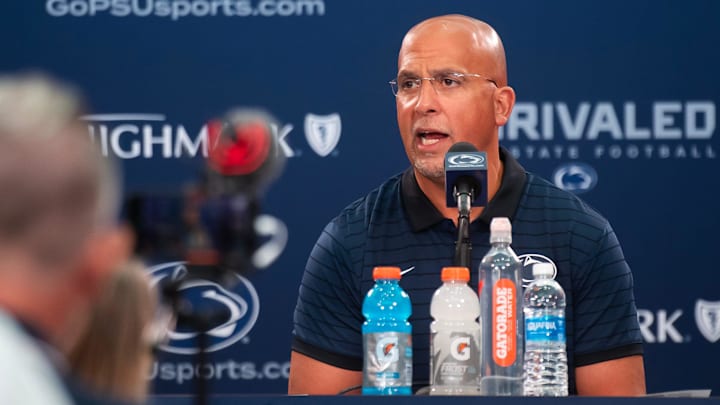 Penn State football head coach James Franklin takes a question during a press conference at football media day in Beaver Stadium