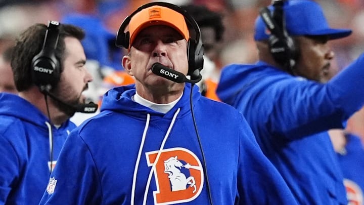 Nov 6, 2025; Denver, Colorado, USA; Denver Broncos head coach Sean Payton during the first half at Empower Field at Mile High. 
