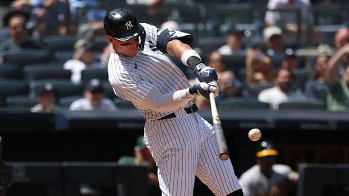New York Yankees designated hitter Aaron Judge hits a two run home run.