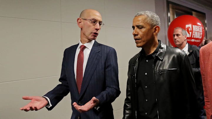 Jun 2, 2019; Toronto, Ontario, CAN; Former President Barack Obama talks with NBA commissioner Adam Silver and TV personality Ahmad Rashad before game two of the 2019 NBA Finals between the Golden State Warriors and the Toronto Raptors at Scotiabank Arena.