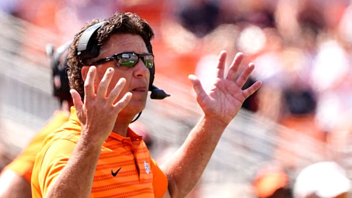 Oklahoma State head coach Mike Gundy reacts to a call second half of the college football game between the Oklahoma State Cowboys and the Arkansas Razorbacks at Boone Pickens Stadium in Stillwater, Okla.,, Saturday, Sept., 7, 2024.