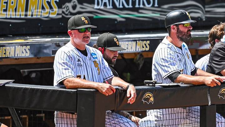 Southern Miss head coach Christian Ostrander looks on from the dugout during the 2026 season. Southern Miss head coach Christian Ostrander looks on from the dugout during the 2026 season.