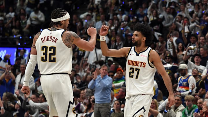Apr 18, 2026; Denver, Colorado, USA; Denver Nuggets guard Jamal Murray (27) and forward Aaron Gordon (32) celebrate after a score during the second half against the Minnesota Timberwolves in game one of the first round of the 2026 NBA Playoffs at Ball Arena. Mandatory Credit: Christopher Hanewinckel-Imagn Images