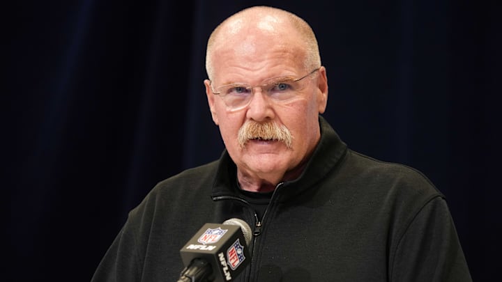 Feb 25, 2025; Indianapolis, IN, USA; Kansas City Chiefs oach Andy Reid speaks during the NFL Scouting Combine at the Indiana Convention Center. Mandatory Credit: Kirby Lee-Imagn Images