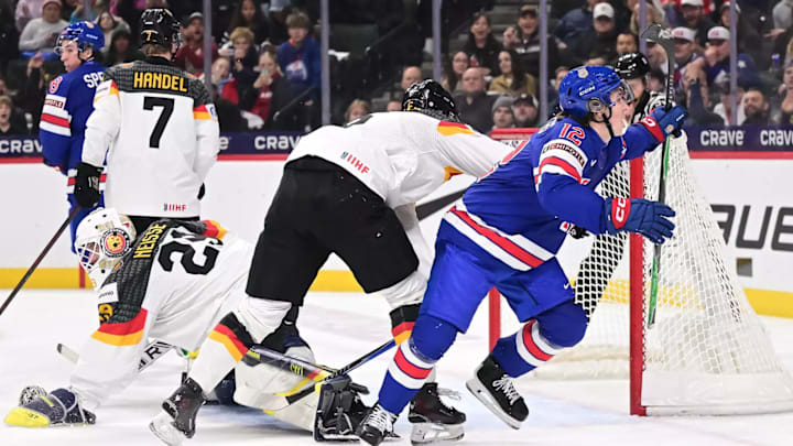Forward Will Zellers (North Dakota) celebrates scoring one of his two goals as the U.S. defeated Germany 6-3 at the IIHF World Junior Championship in St. Paul, Minn., on Dec. 26, 2025. 