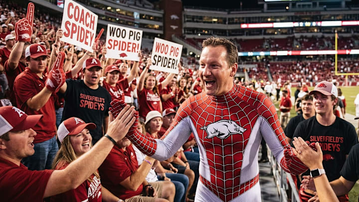 Arkansas Razorbacks coach Ryan Silverfield is depicted as a maskless Spiderman in this creative AI rendering meant to capture where he is in his role as coach in the SEC.