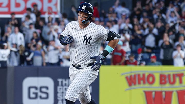 Apr 3, 2025; Bronx, New York, USA; New York Yankees center fielder Aaron Judge (99) runs the bases after hitting a three run home run during the first inning against the Arizona Diamondbacks at Yankee Stadium. Apr 3, 2025; Bronx, New York, USA; New York Yankees center fielder Aaron Judge (99) runs the bases after hitting a three run home run during the first inning against the Arizona Diamondbacks at Yankee Stadium.